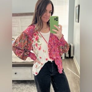 Free People Floral Asymmetrical Smocked Long Sleeve Blouse